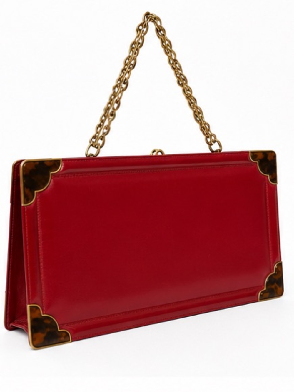 Vintage 60s 70s Saks Made in France Red Leather Handbag Tortoiseshell Accents